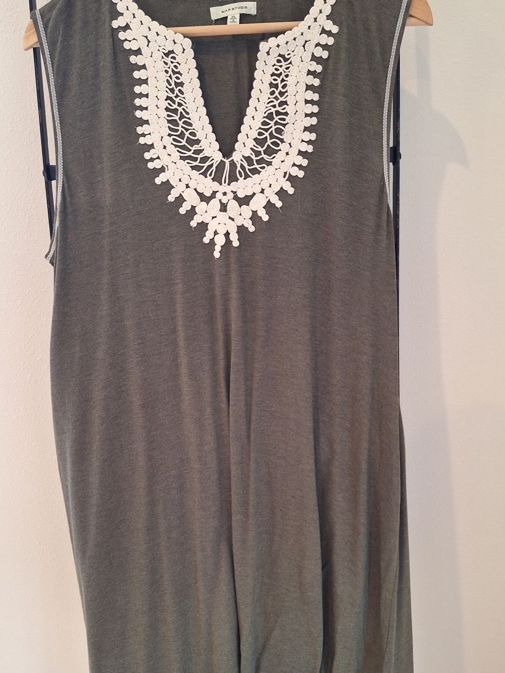 Max Studio Olive Green Sleeveless Tank with White Crochet V-Neck Trim